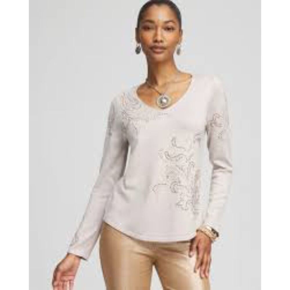 Chico's Metallic Silver Embellished V-Neck Pullover Sweater Sparkle SZ L 12